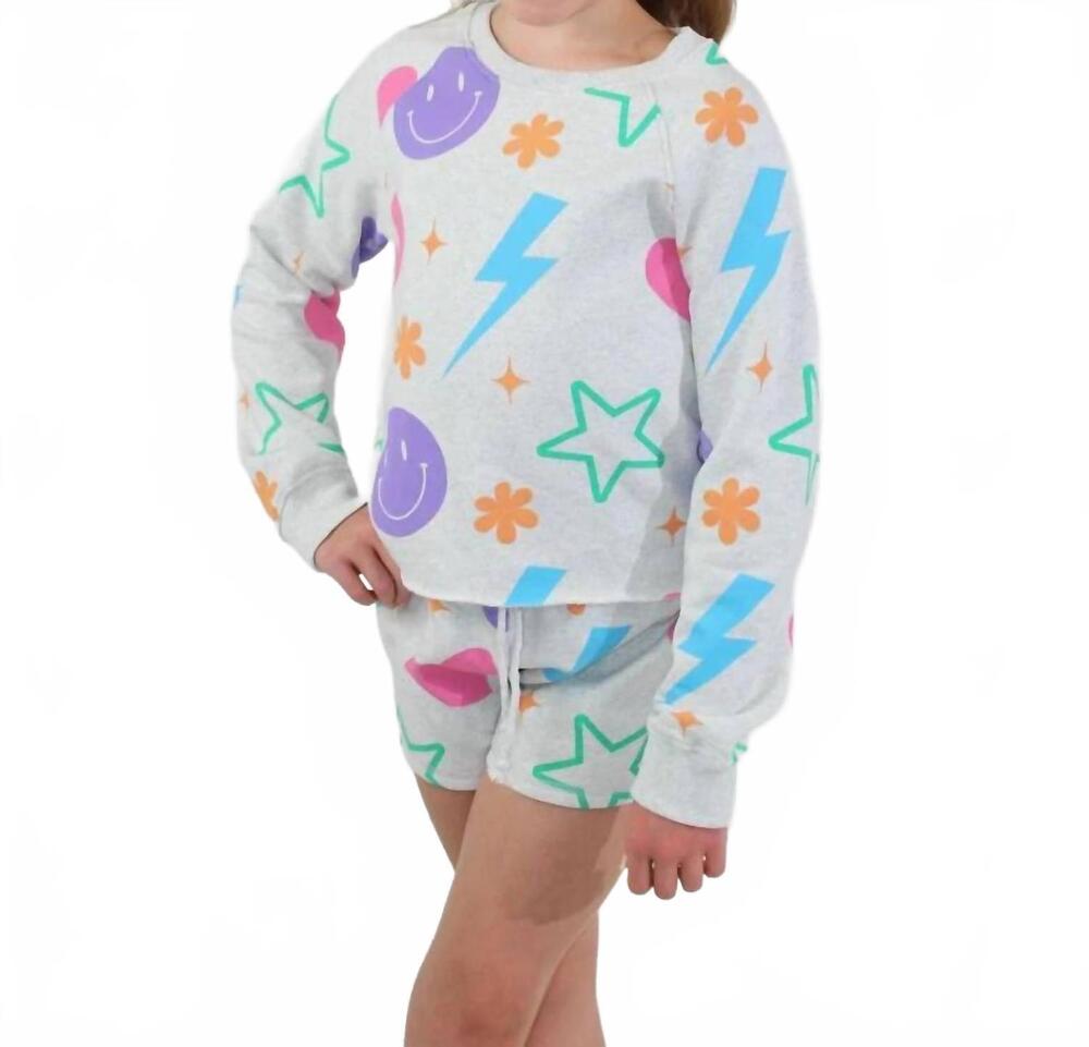 NEW PAPER FLOWER girl's all over icons sweatshirt in gray